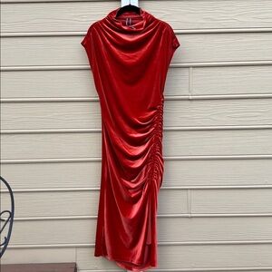 Anthropologie Velvet Dark Orange Ruched Midi Dress